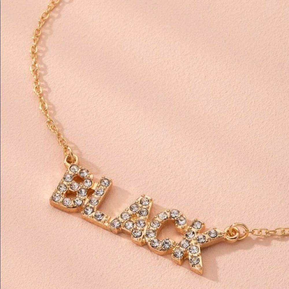 “Black” Word Rhinestone Gold Necklace